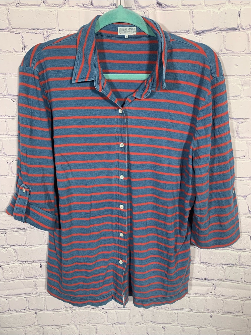 Quaker Marine Supple Womens Striped 3/4 Sleeve Button Down Blue Red Sz XL Casual